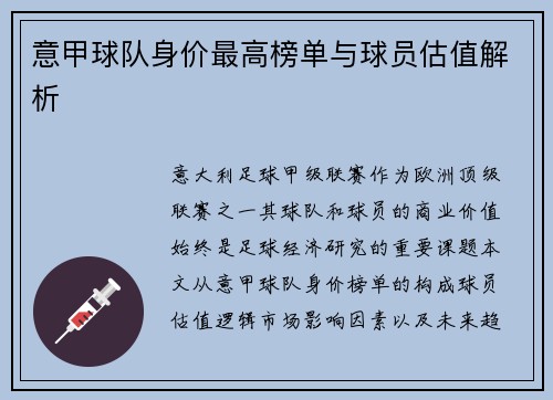 意甲球队身价最高榜单与球员估值解析